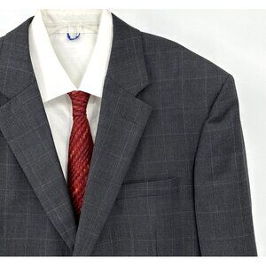 JOS A BANK 2 piece suit windowpane 100% wool pleated straight gray 44S 37W